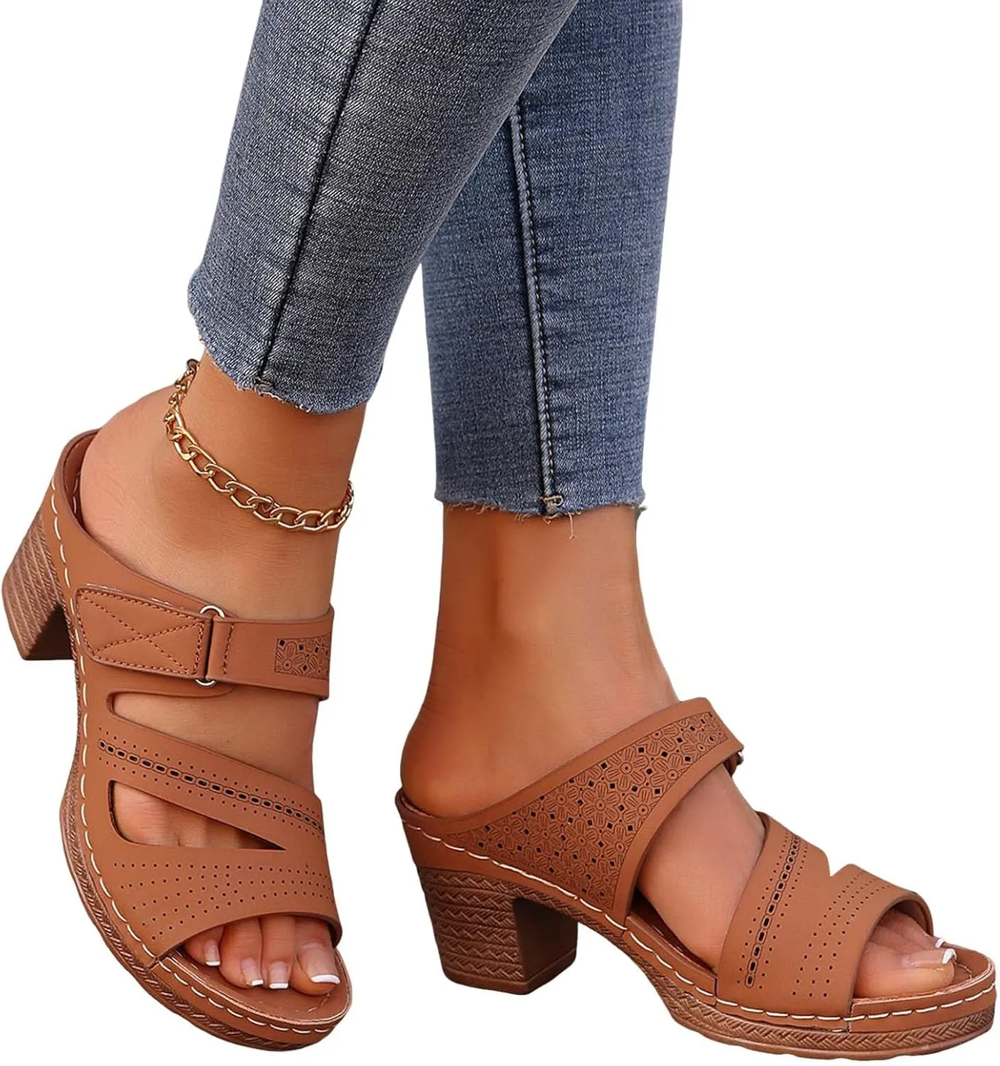 Chunky Platform Heeled Sandals for Women 2025,Open Toe Slip On Block Womens Mid Heels Ankle Strap Slippers Casual Comfortable Summer Backless Mules Adjustable Slide Walking Shoes