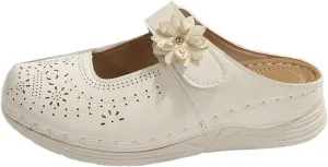 Clogs for Women Leather Comfort Mules Hollow Out Flowers Closed Toe Sandals Summer Casual Arch Support Slip On Slippers Walking Shoes