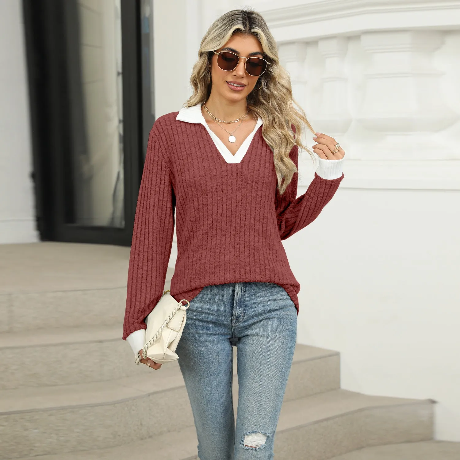 Contrasting Lapel Long Sleeve Loose T-Shirt Top