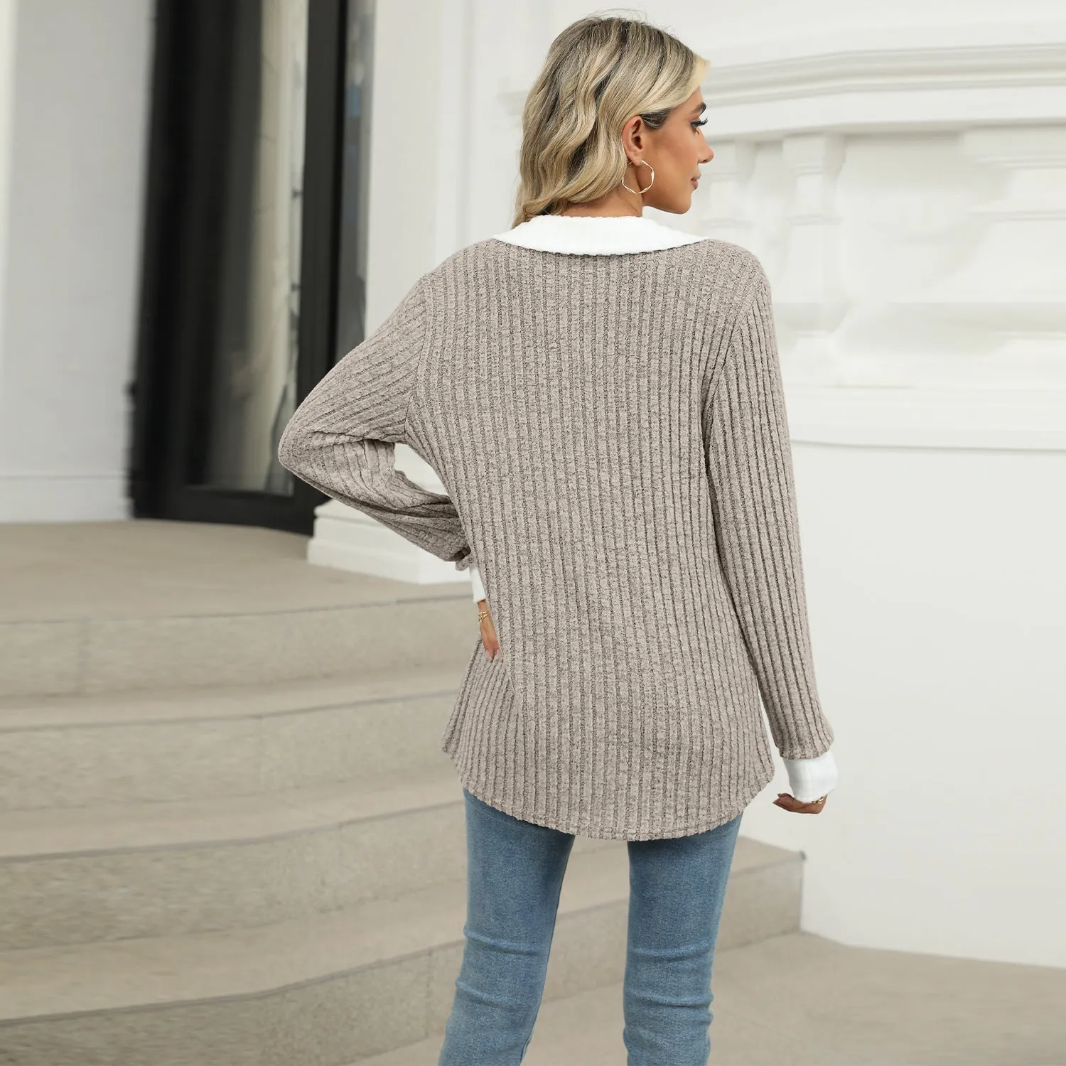 Contrasting Lapel Long Sleeve Loose T-Shirt Top