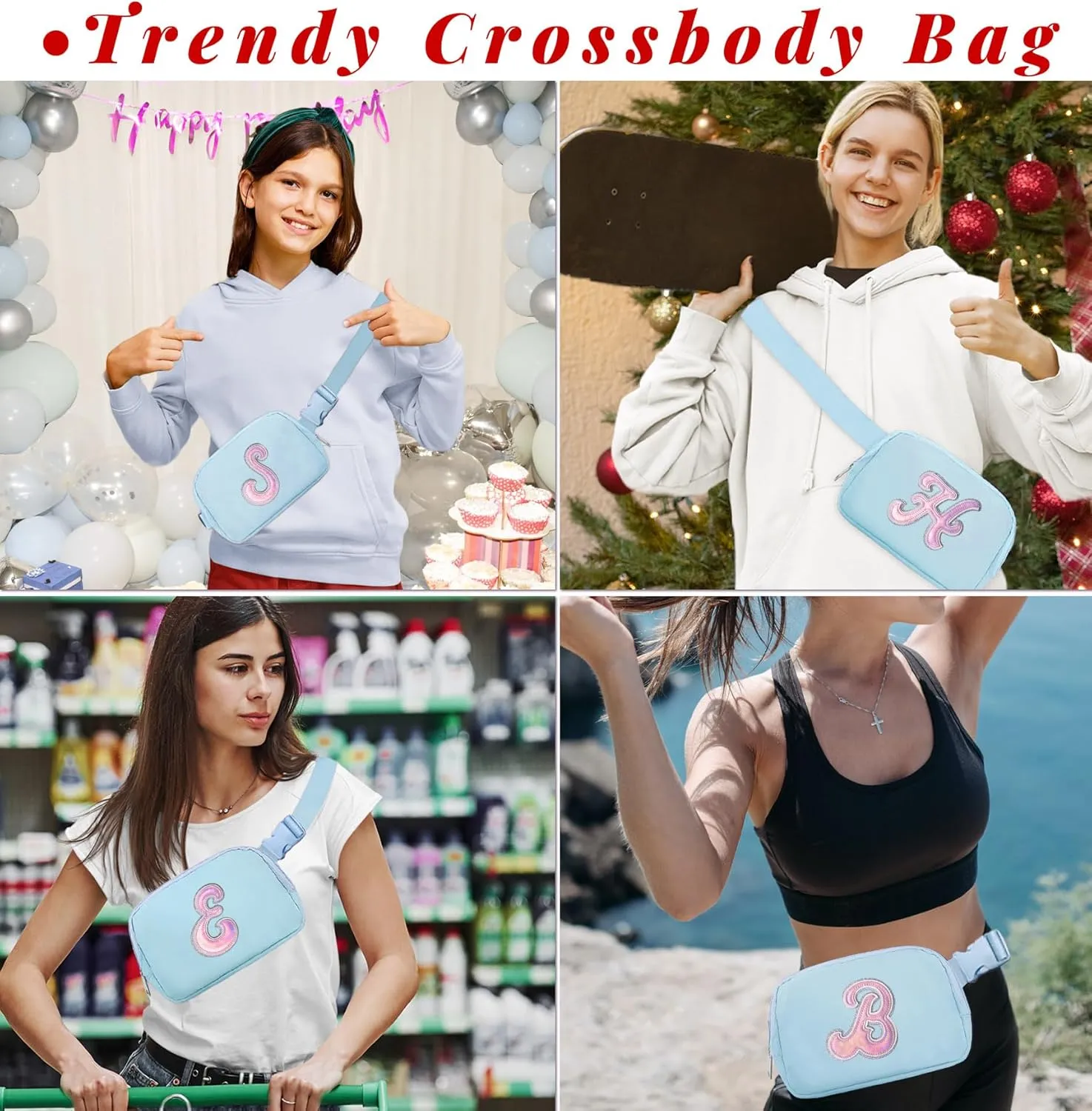 COSHAYSOO Blue Belt Bag Fanny Pack Crossbody Initial Letter Waist Chest Purse Birthday Halloween Thanksgiving Appreciation Gifts for Women Teacher Nurse Coach Friends Big Sister Travel Essential S