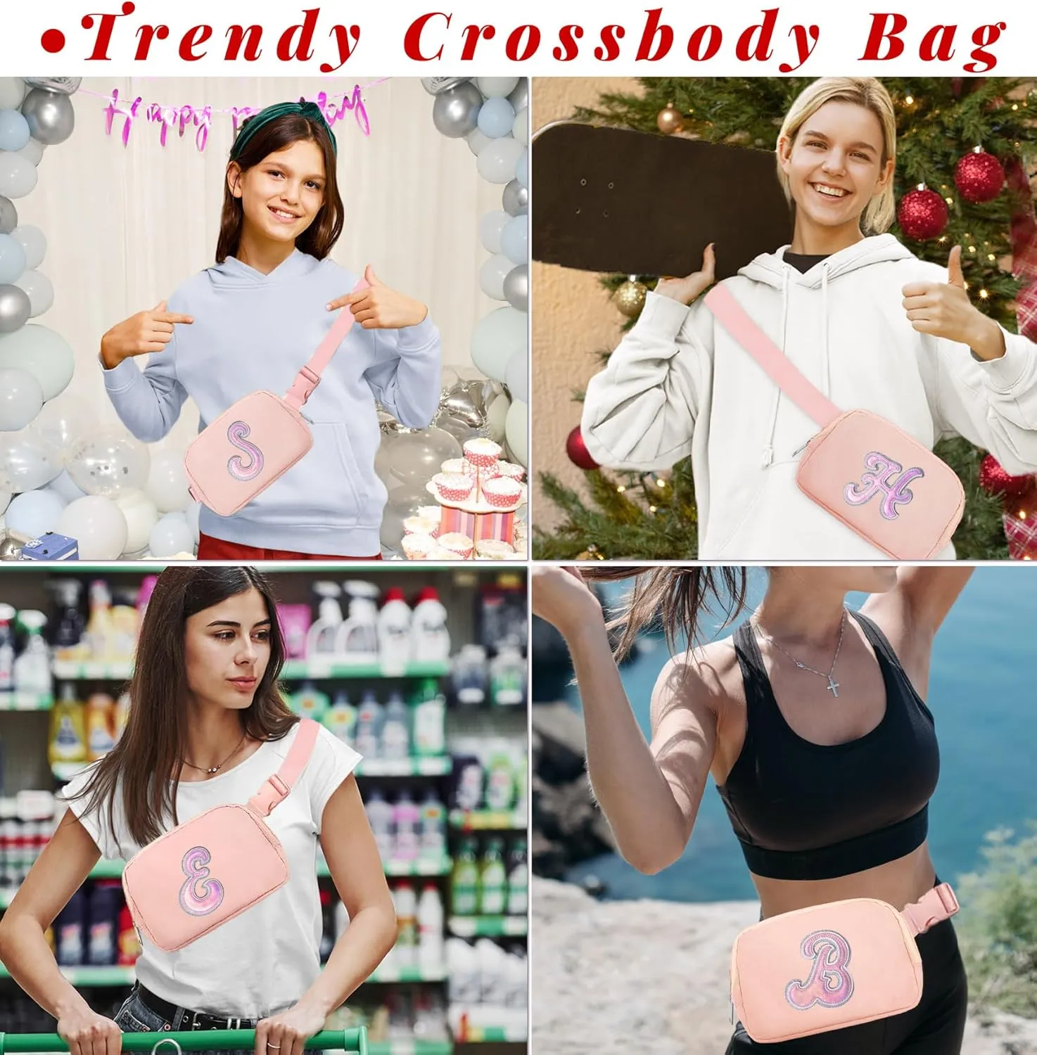 COSHAYSOO Pink Belt Bag Fanny Pack Crossbody Initial Letter Waist Chest Purse Birthday Halloween Thanksgiving Appreciation Gifts for Women Teacher Nurse Coach Friends Big Sister Travel Essential S
