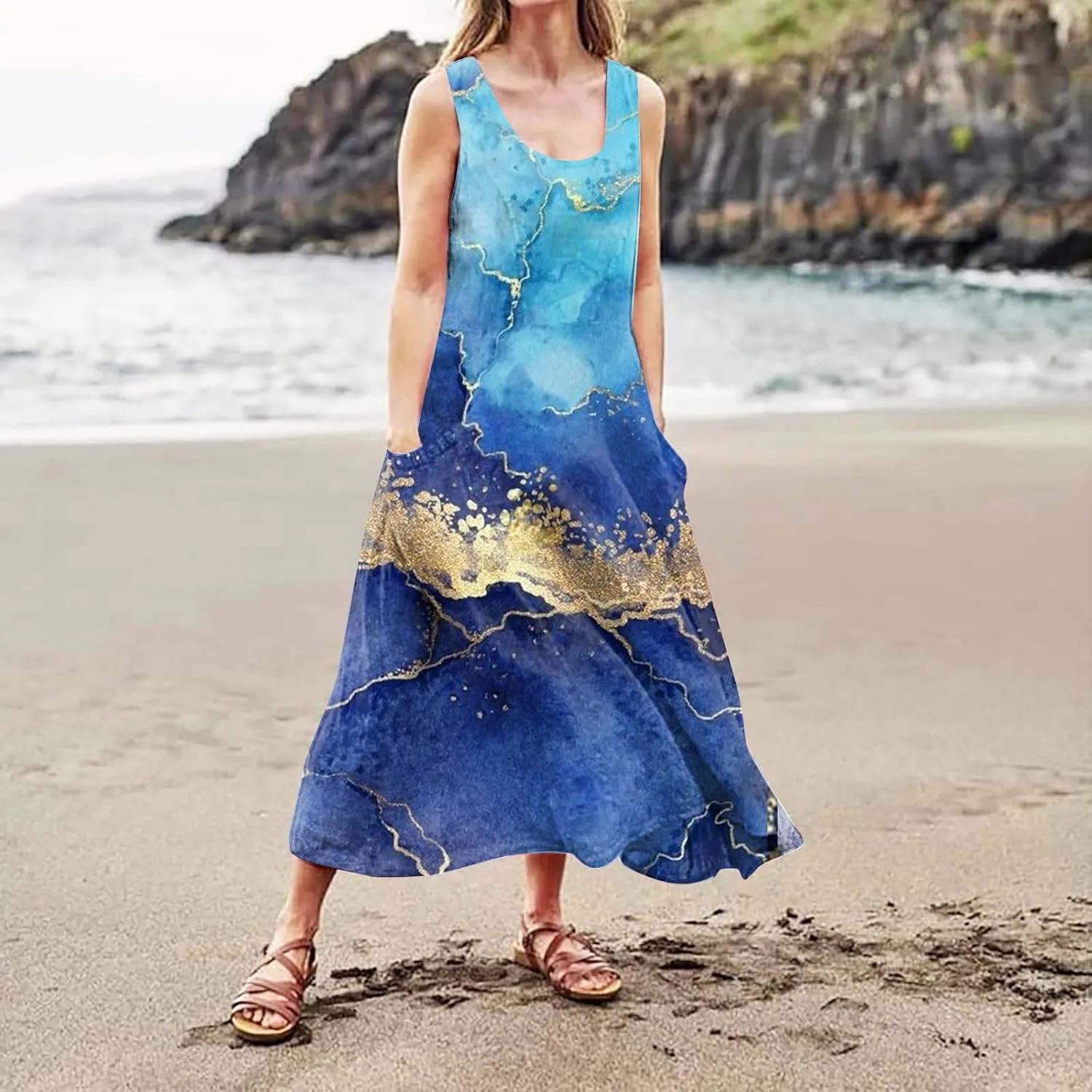 Cotton Linen Dresses for Women,Maxi Sleeveless Dresses Summer Casual Print Cotton Linen Sundress with Pockets (S-3XL)