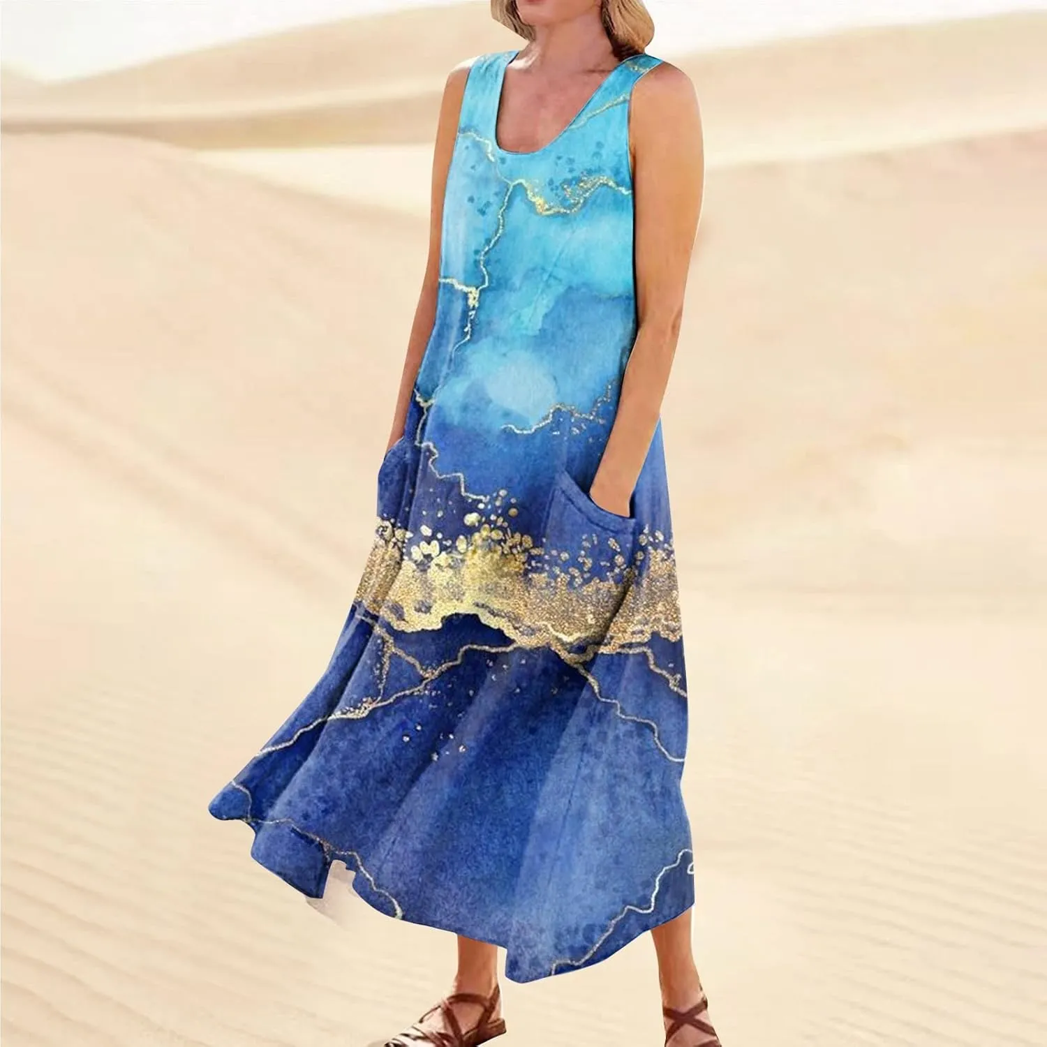 Cotton Linen Dresses for Women,Maxi Sleeveless Dresses Summer Casual Print Cotton Linen Sundress with Pockets (S-3XL)