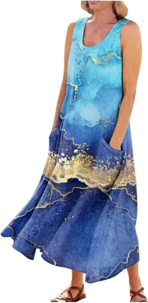 Cotton Linen Dresses for Women,Maxi Sleeveless Dresses Summer Casual Print Cotton Linen Sundress with Pockets (S-3XL)