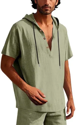 Cotton Linen Shirts for Men Casual Button Down Hoodie Summer Beach Loose Short Sleeve Drawstring Pullover Hooded Top