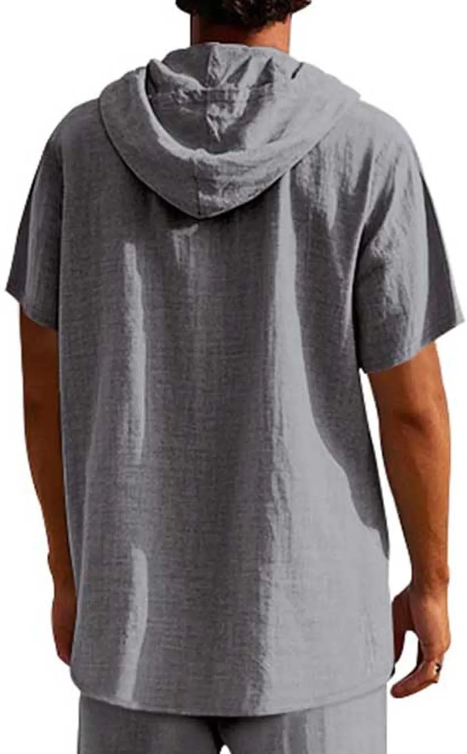 Cotton Linen Shirts for Men Casual Button Down Hoodie Summer Beach Loose Short Sleeve Drawstring Pullover Hooded Top