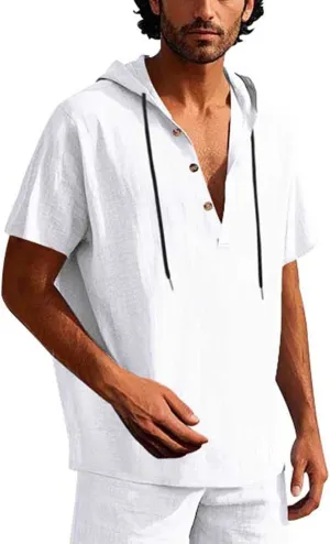 Cotton Linen Shirts for Men Casual Button Down Hoodie Summer Beach Loose Short Sleeve Drawstring Pullover Hooded Top