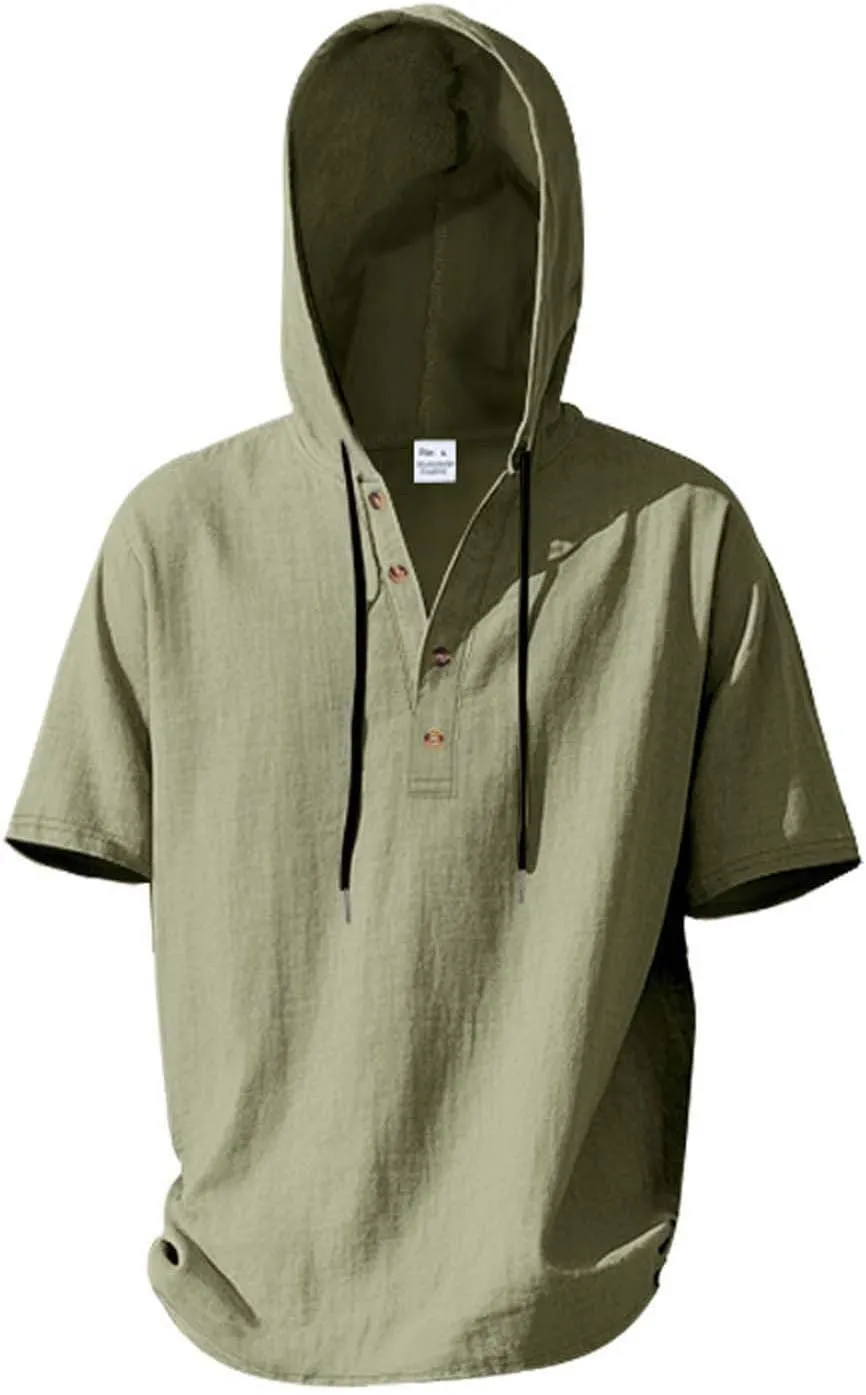 Cotton Linen Shirts for Men Casual Button Down Hoodie Summer Beach Loose Short Sleeve Drawstring Pullover Hooded Top
