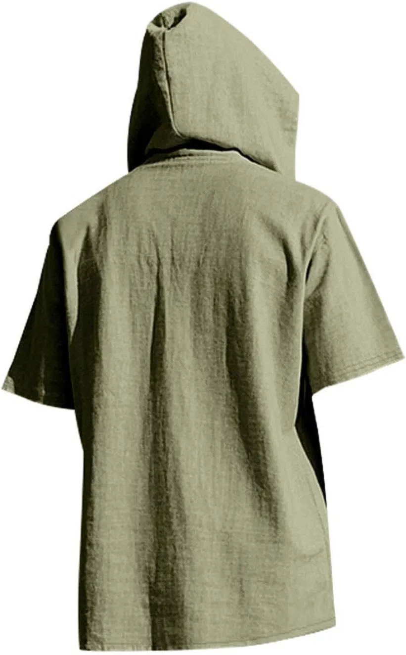 Cotton Linen Shirts for Men Casual Button Down Hoodie Summer Beach Loose Short Sleeve Drawstring Pullover Hooded Top