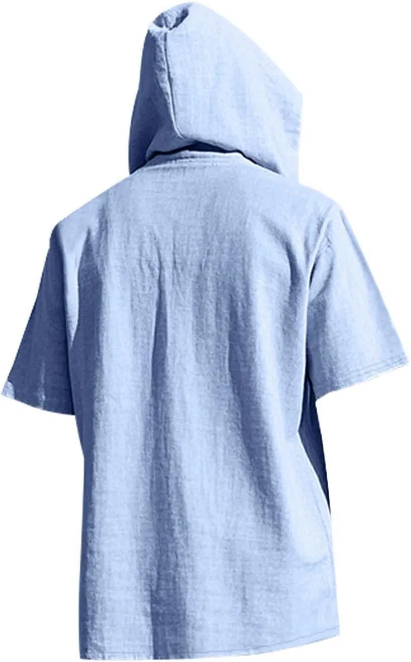 Cotton Linen Shirts for Men Casual Button Down Hoodie Summer Beach Loose Short Sleeve Drawstring Pullover Hooded Top