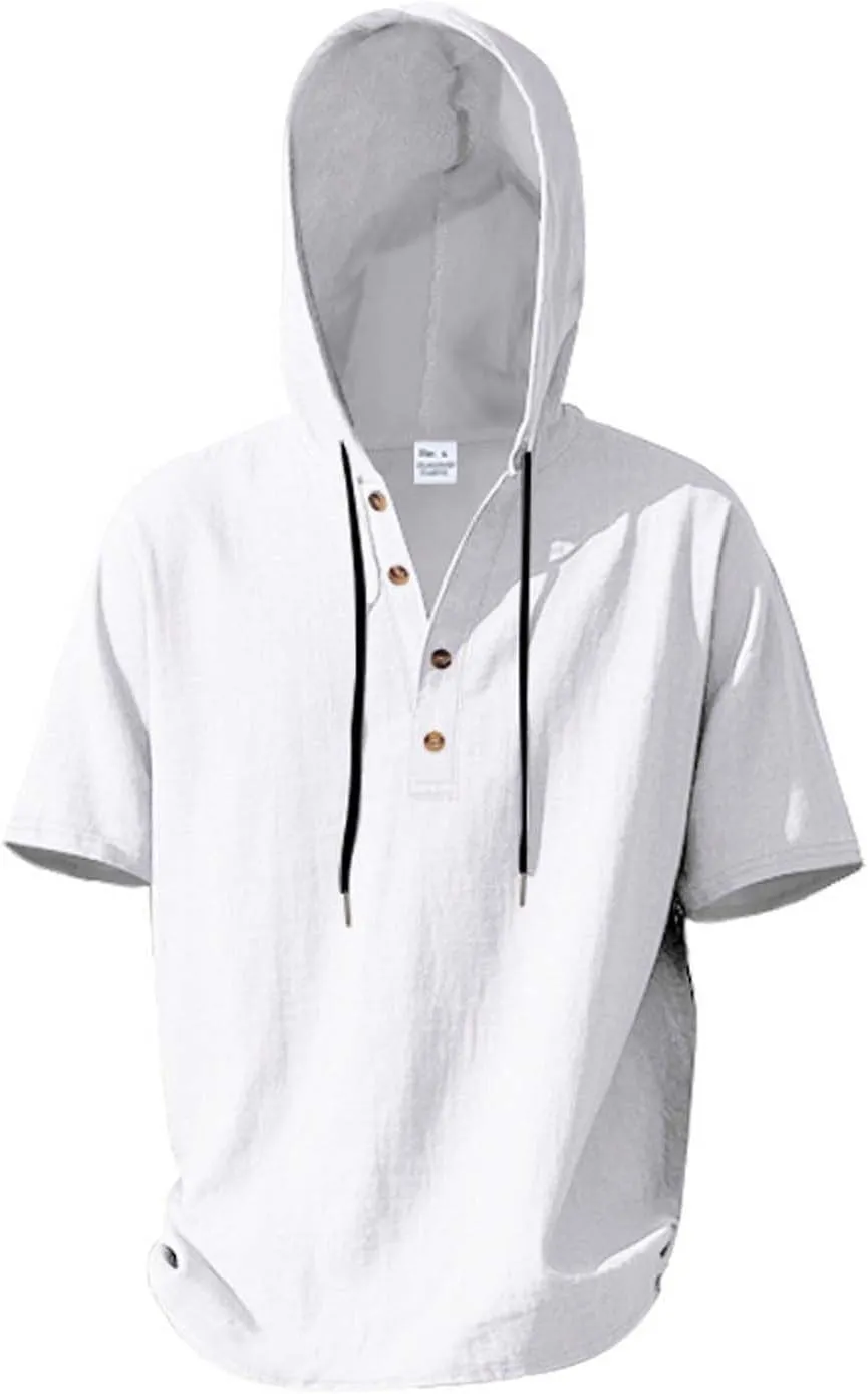 Cotton Linen Shirts for Men Casual Button Down Hoodie Summer Beach Loose Short Sleeve Drawstring Pullover Hooded Top