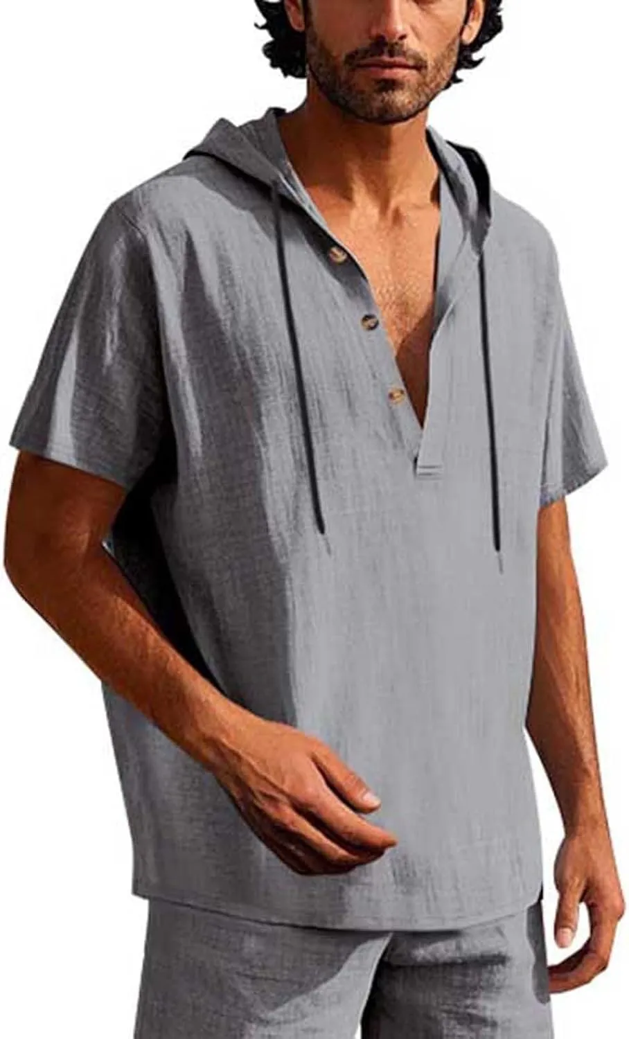 Cotton Linen Shirts for Men Casual Button Down Hoodie Summer Beach Loose Short Sleeve Drawstring Pullover Hooded Top