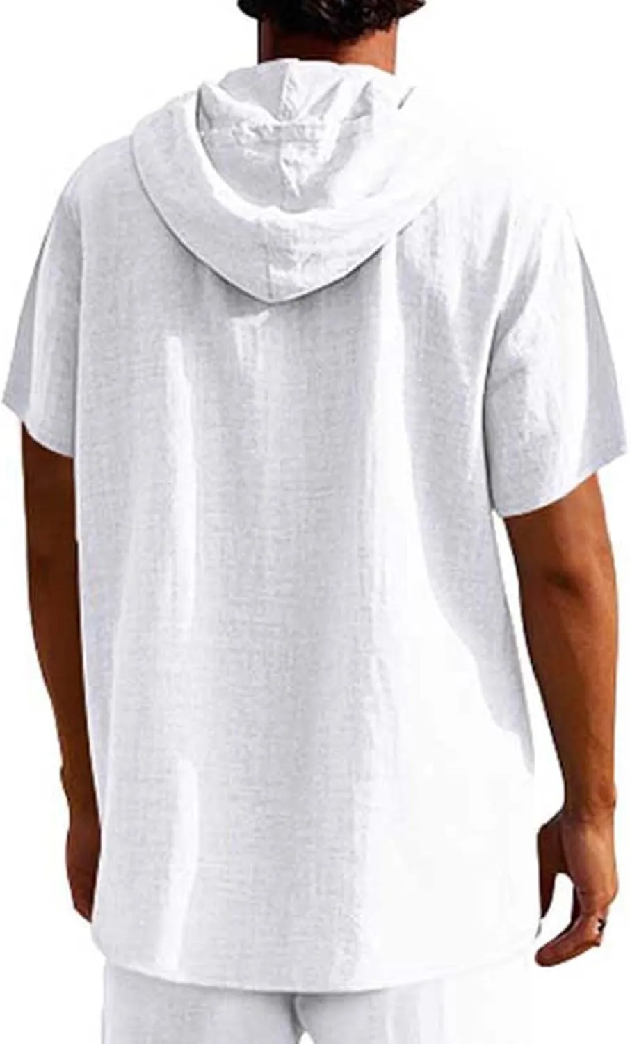 Cotton Linen Shirts for Men Casual Button Down Hoodie Summer Beach Loose Short Sleeve Drawstring Pullover Hooded Top