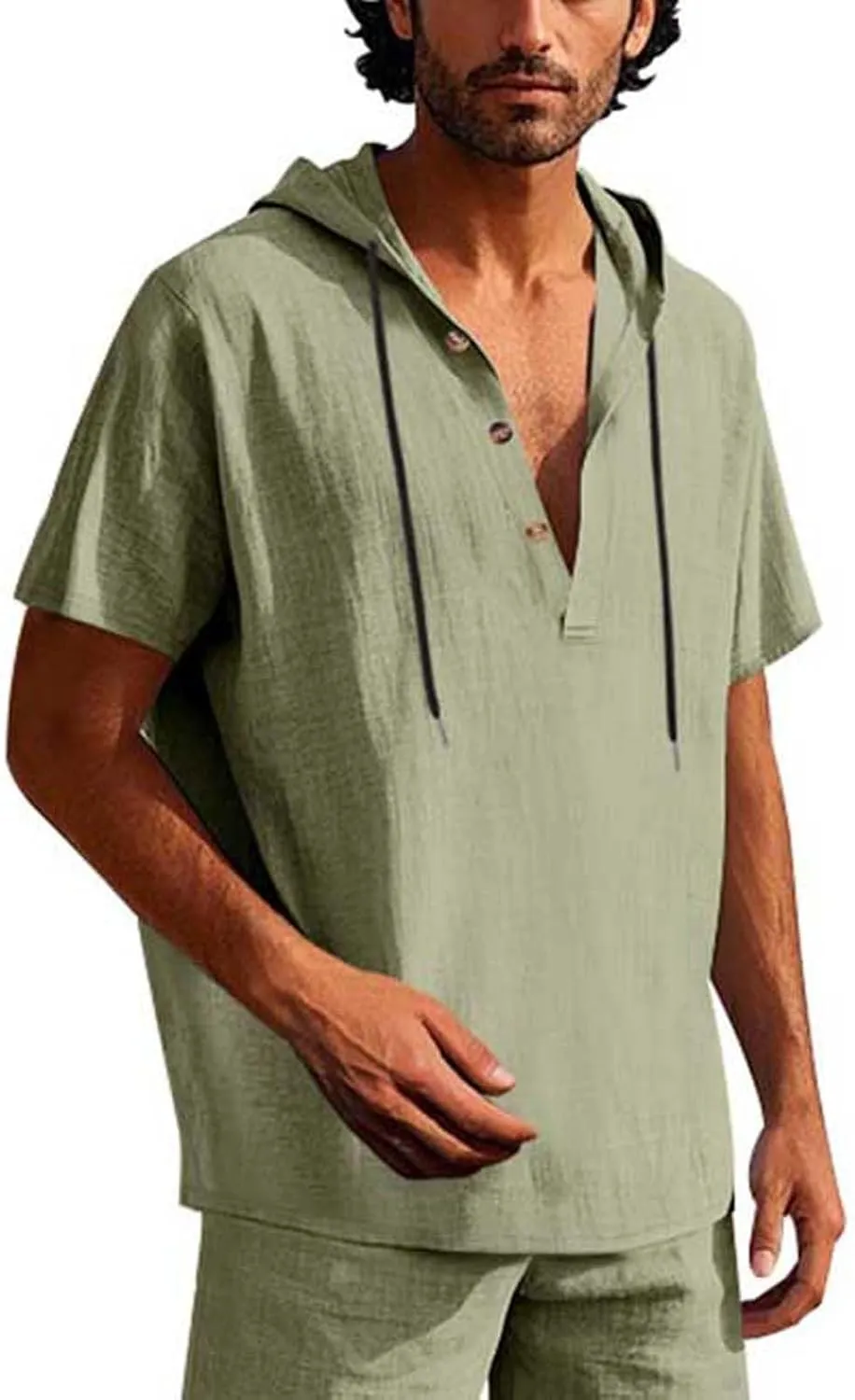 Cotton Linen Shirts for Men Casual Button Down Hoodie Summer Beach Loose Short Sleeve Drawstring Pullover Hooded Top