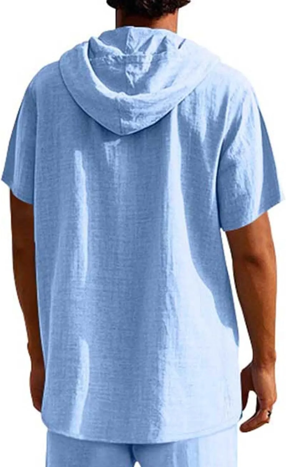 Cotton Linen Shirts for Men Casual Button Down Hoodie Summer Beach Loose Short Sleeve Drawstring Pullover Hooded Top
