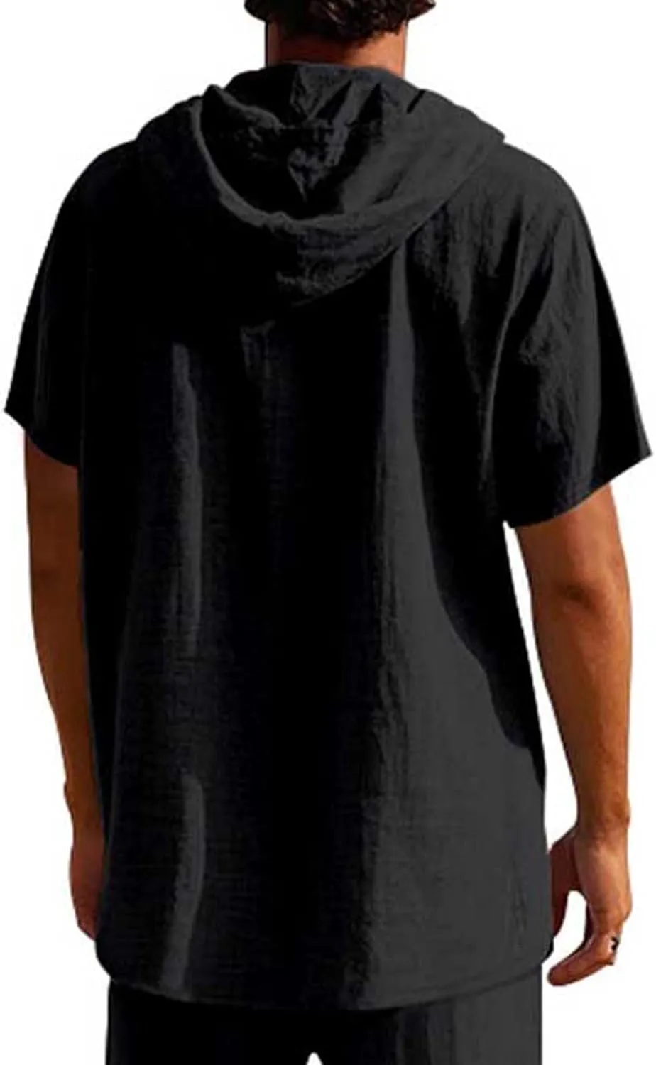 Cotton Linen Shirts for Men Casual Button Down Hoodie Summer Beach Loose Short Sleeve Drawstring Pullover Hooded Top