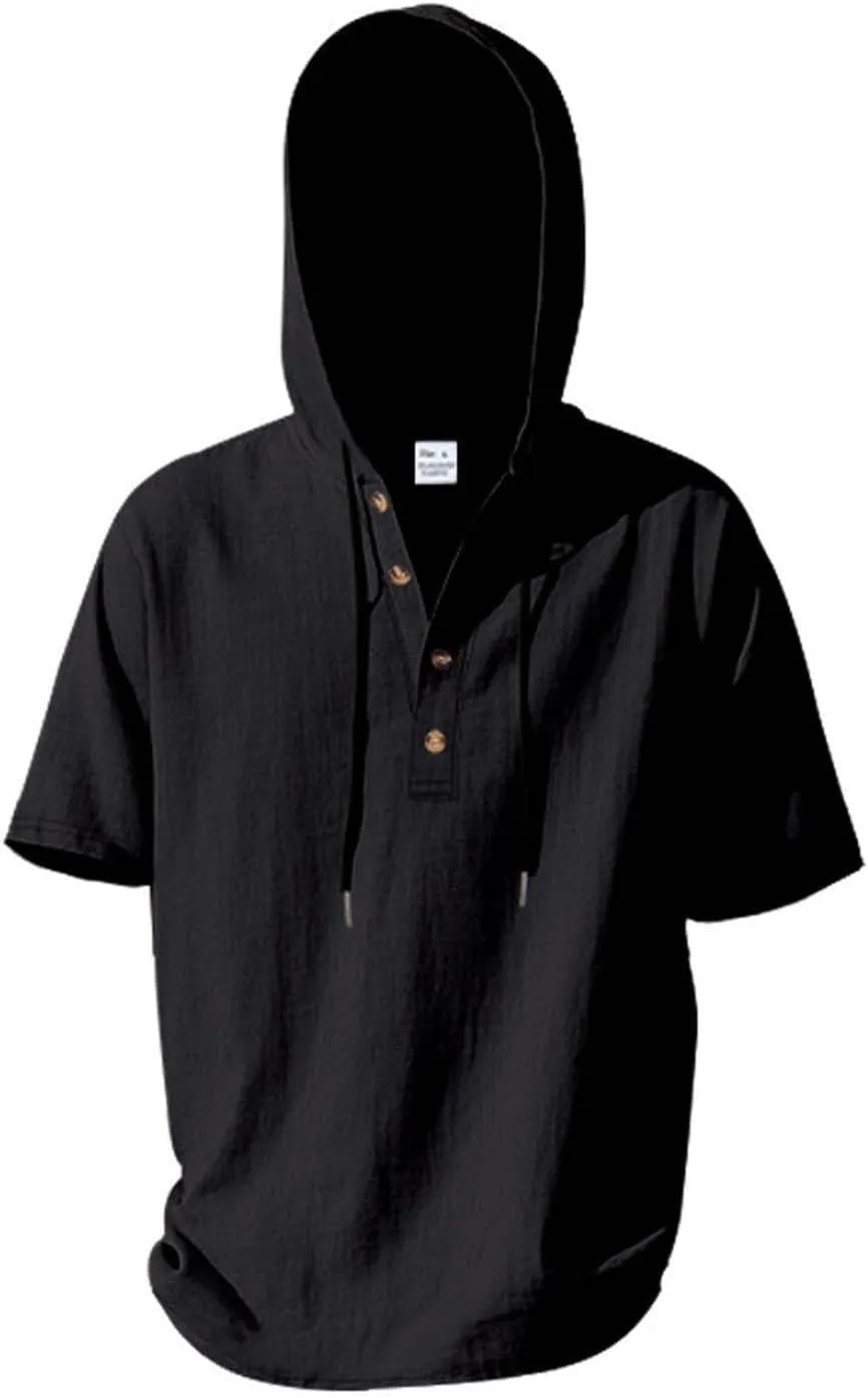 Cotton Linen Shirts for Men Casual Button Down Hoodie Summer Beach Loose Short Sleeve Drawstring Pullover Hooded Top