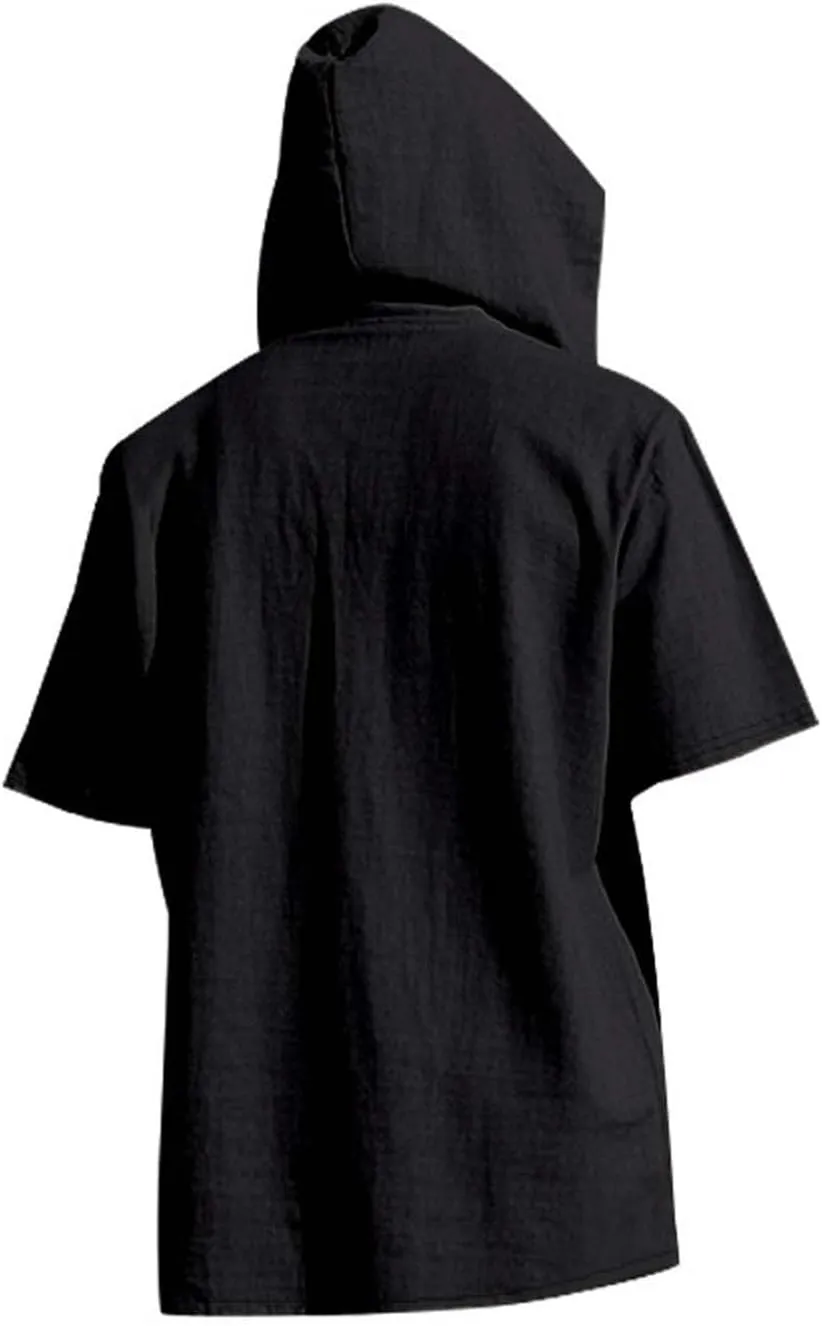 Cotton Linen Shirts for Men Casual Button Down Hoodie Summer Beach Loose Short Sleeve Drawstring Pullover Hooded Top