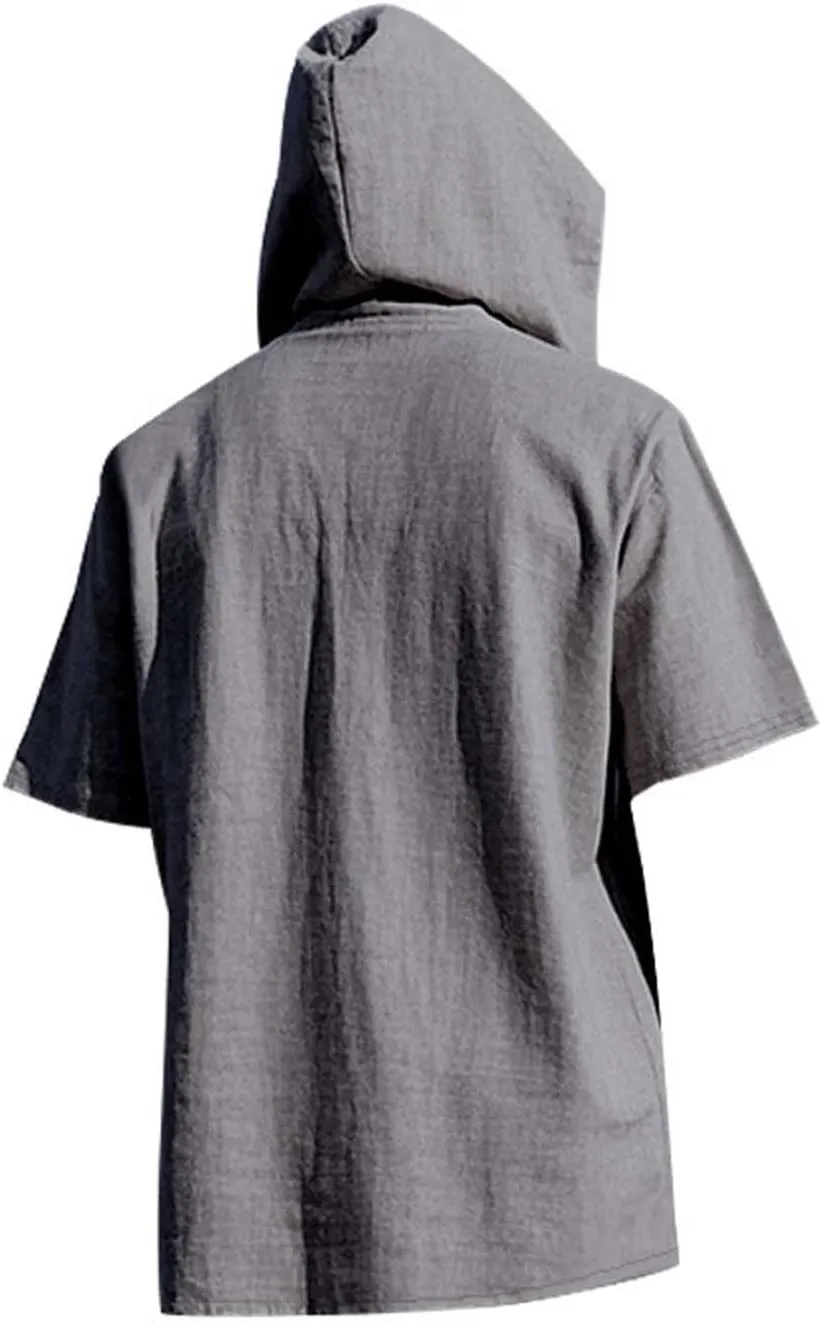 Cotton Linen Shirts for Men Casual Button Down Hoodie Summer Beach Loose Short Sleeve Drawstring Pullover Hooded Top