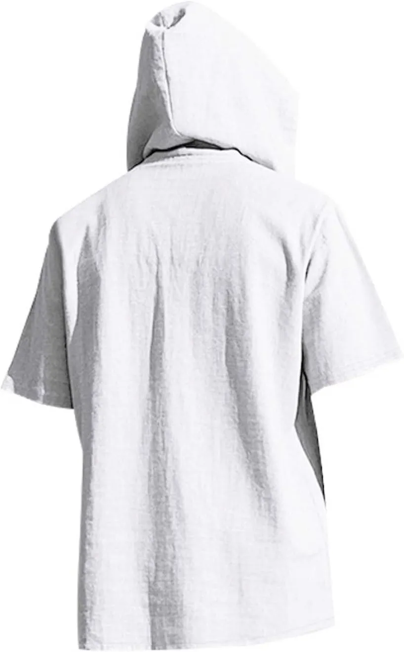 Cotton Linen Shirts for Men Casual Button Down Hoodie Summer Beach Loose Short Sleeve Drawstring Pullover Hooded Top