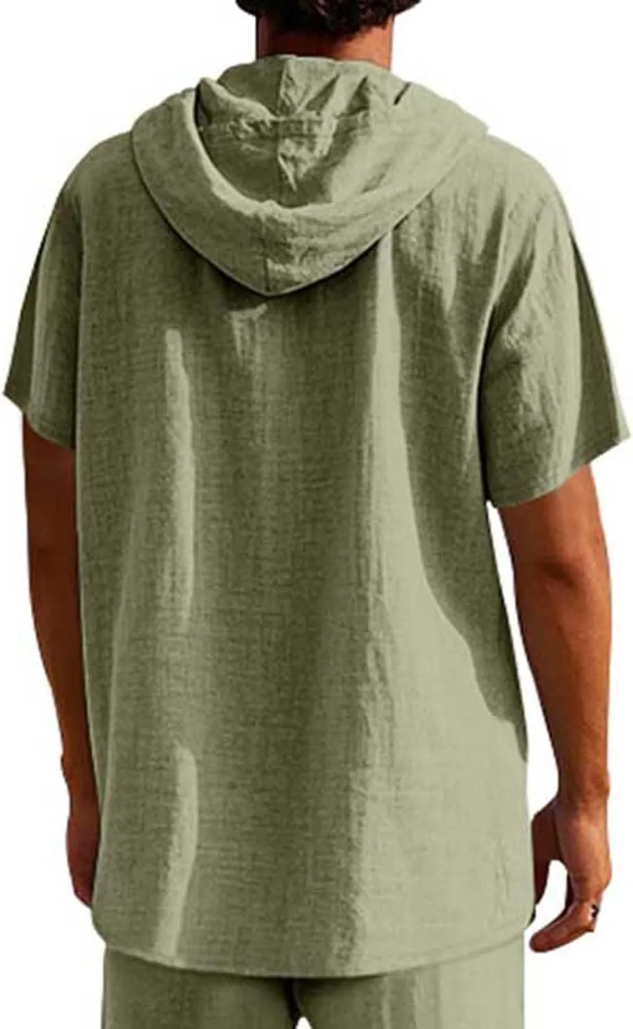 Cotton Linen Shirts for Men Casual Button Down Hoodie Summer Beach Loose Short Sleeve Drawstring Pullover Hooded Top