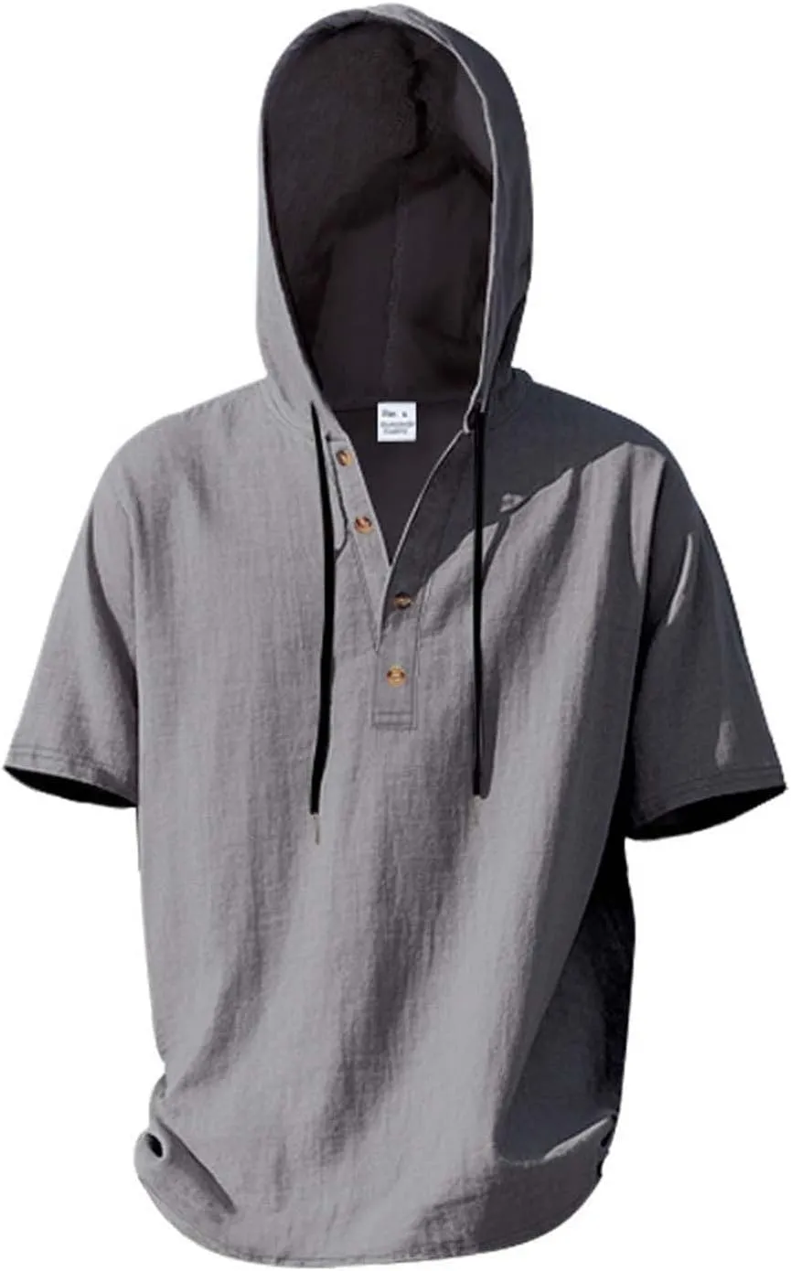 Cotton Linen Shirts for Men Casual Button Down Hoodie Summer Beach Loose Short Sleeve Drawstring Pullover Hooded Top