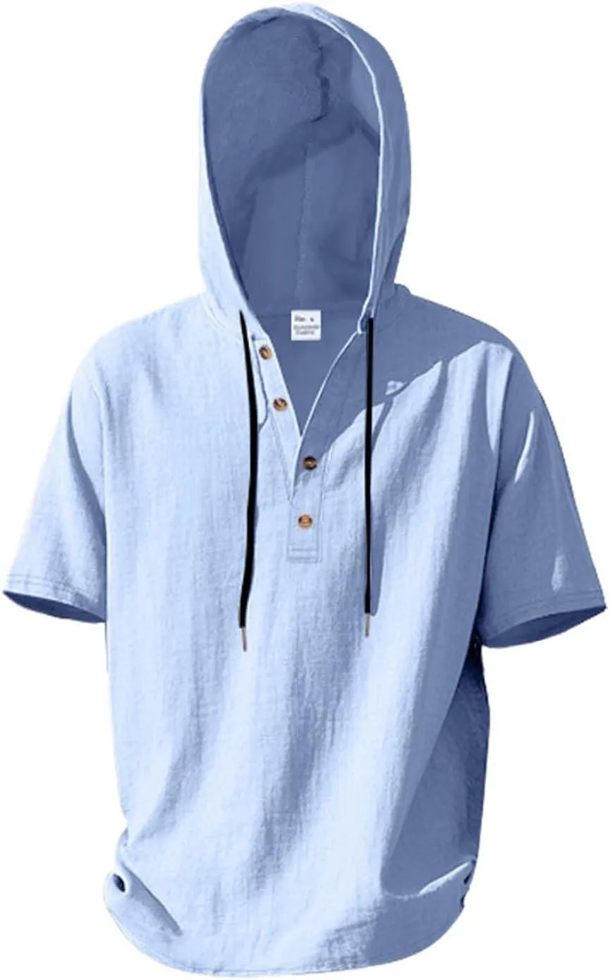 Cotton Linen Shirts for Men Casual Button Down Hoodie Summer Beach Loose Short Sleeve Drawstring Pullover Hooded Top