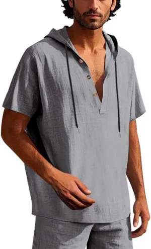 Cotton Linen Shirts for Men Casual Button Down Hoodie Summer Beach Loose Short Sleeve Drawstring Pullover Hooded Top