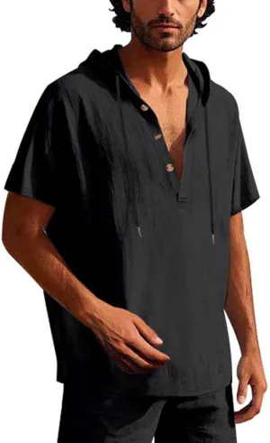 Cotton Linen Shirts for Men Casual Button Down Hoodie Summer Beach Loose Short Sleeve Drawstring Pullover Hooded Top