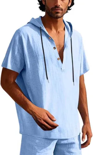 Cotton Linen Shirts for Men Casual Button Down Hoodie Summer Beach Loose Short Sleeve Drawstring Pullover Hooded Top