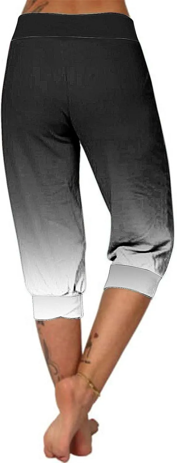 Cropped Trousers Women Gradient Color Capri Pants Ladies 3/4 Trouser Joggers Elasticated Waist Sweatpants