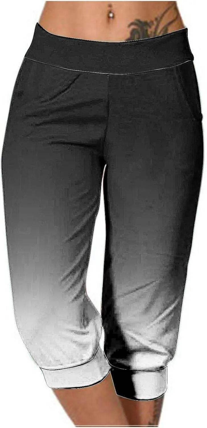 Cropped Trousers Women Gradient Color Capri Pants Ladies 3/4 Trouser Joggers Elasticated Waist Sweatpants