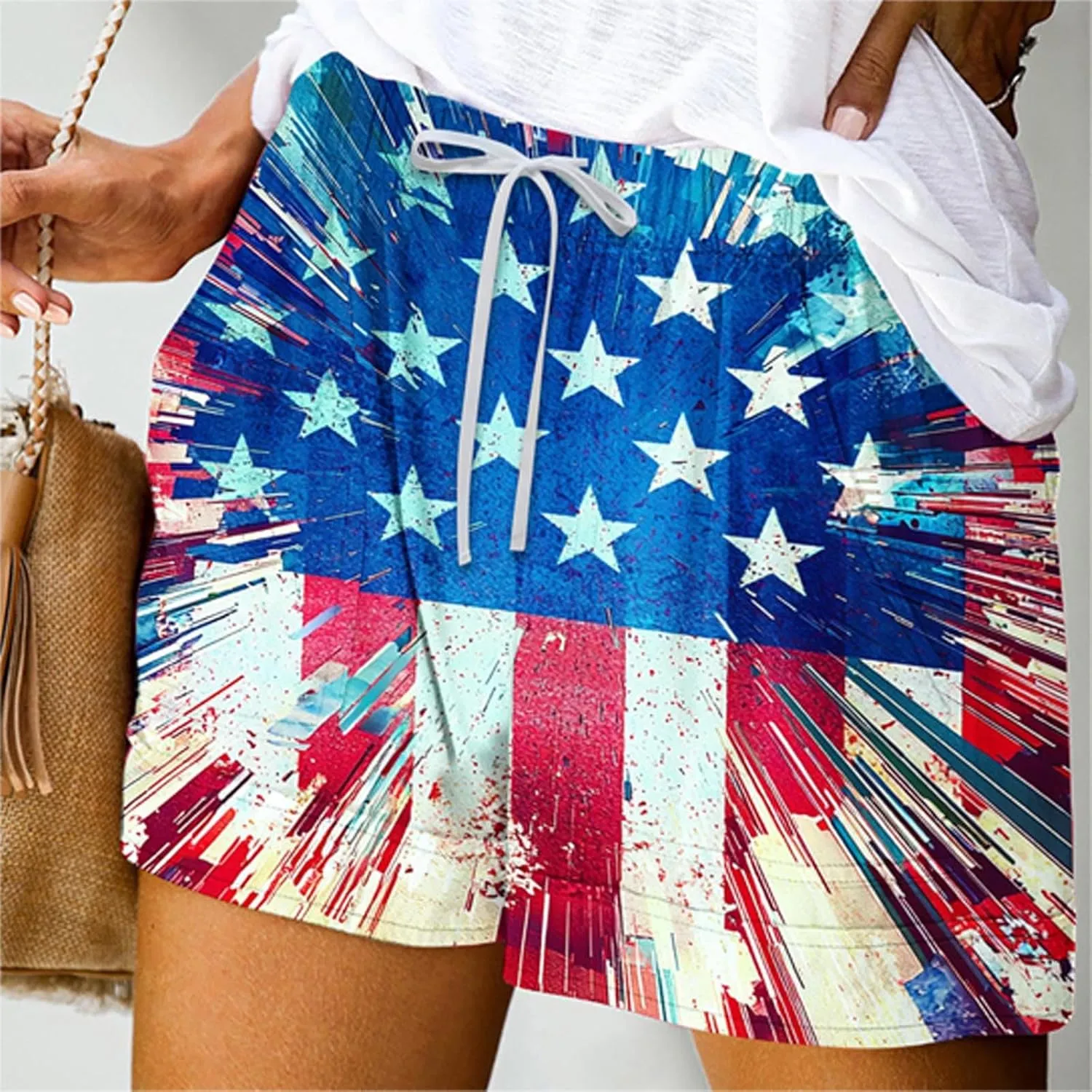 DDAPJ pyju American Flag Shorts for Women 2025 Summer Casual Drawstring High Waist Shorts Star Striped 4th of July Outfits
