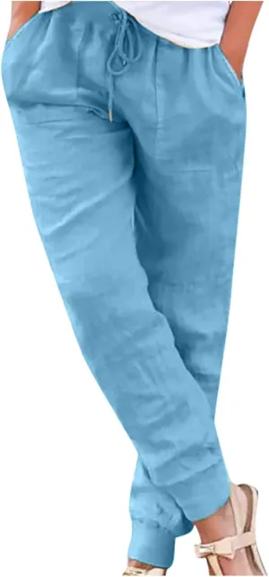 Drawstring Cotton Linen Pants for Women Elastic High Waist Plue Size Lounge Trousers Relaxed Fit Stretch Casual Tapered Pants