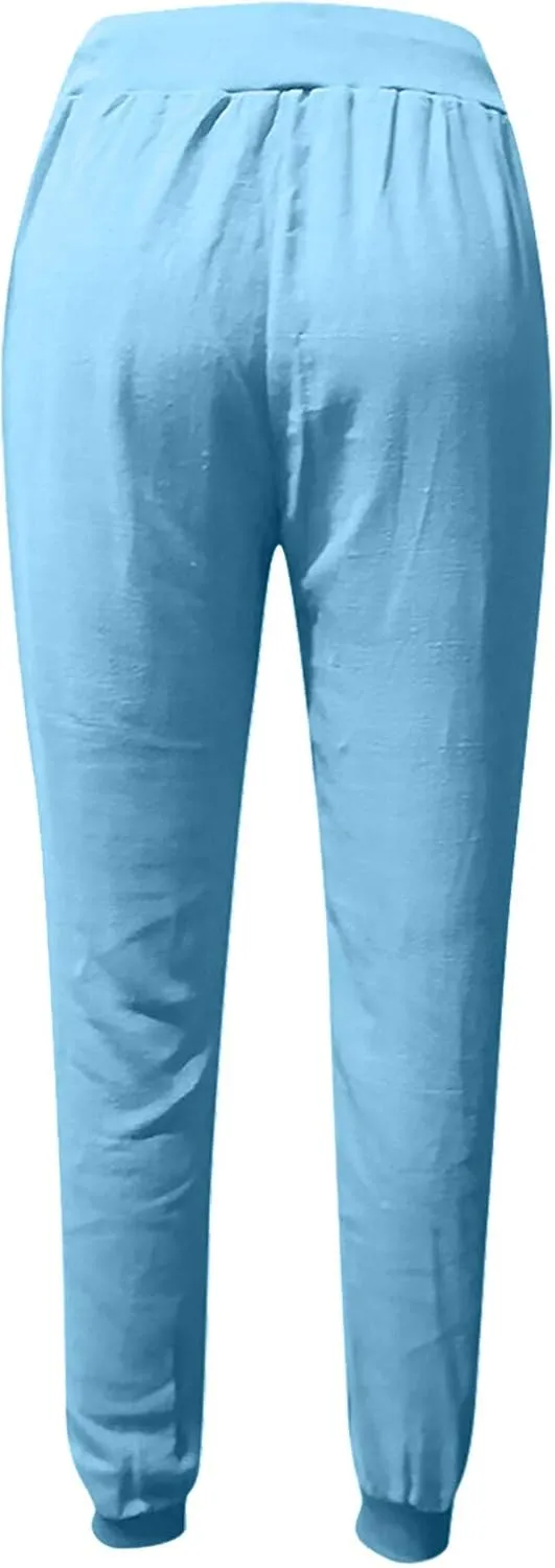 Drawstring Cotton Linen Pants for Women Elastic High Waist Plue Size Lounge Trousers Relaxed Fit Stretch Casual Tapered Pants