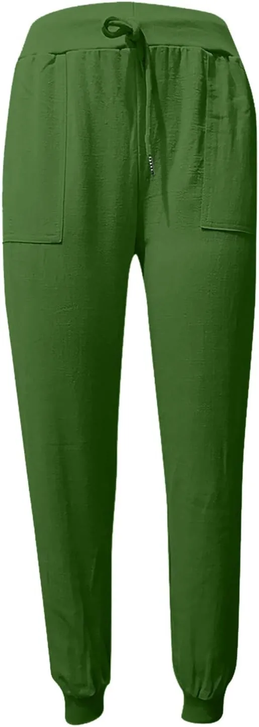 Drawstring Cotton Linen Pants for Women Elastic High Waist Plue Size Lounge Trousers Relaxed Fit Stretch Casual Tapered Pants