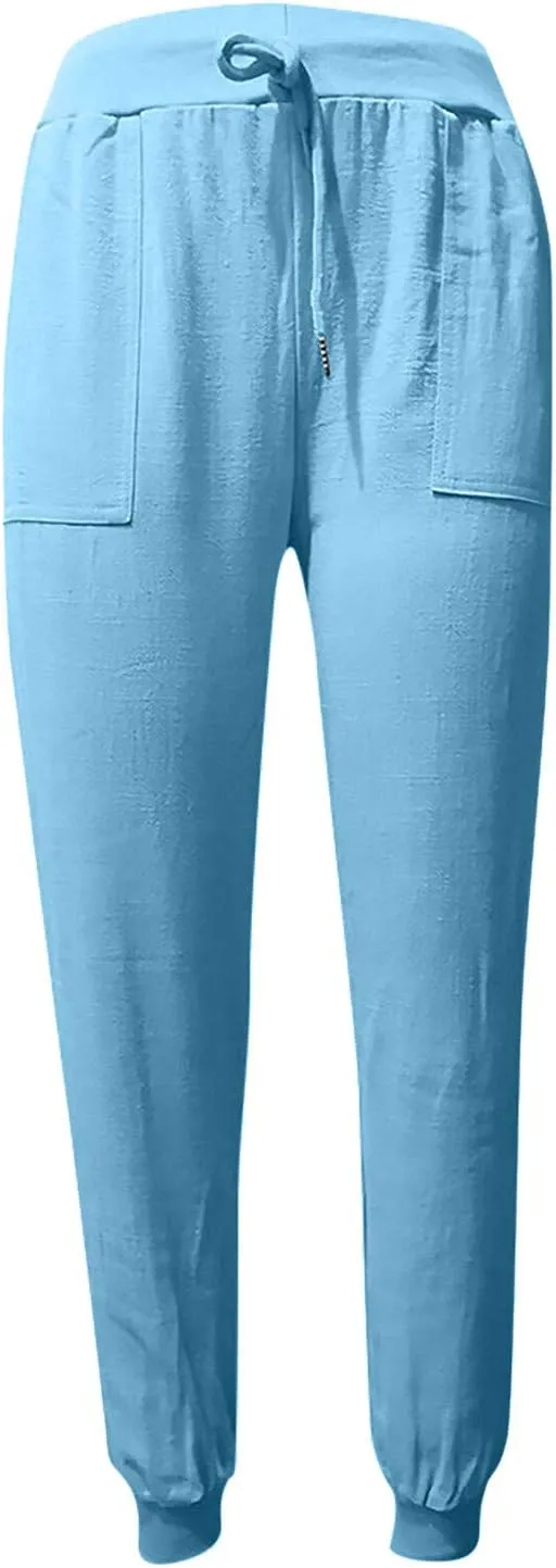 Drawstring Cotton Linen Pants for Women Elastic High Waist Plue Size Lounge Trousers Relaxed Fit Stretch Casual Tapered Pants