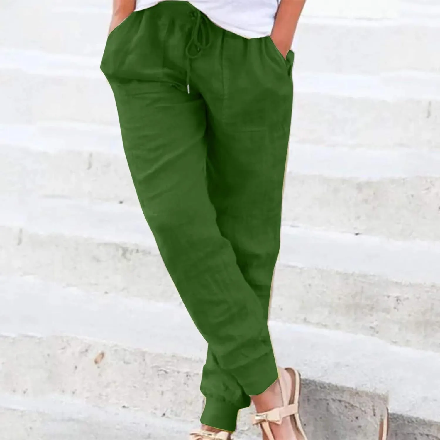 Drawstring Cotton Linen Pants for Women Elastic High Waist Plue Size Lounge Trousers Relaxed Fit Stretch Casual Tapered Pants