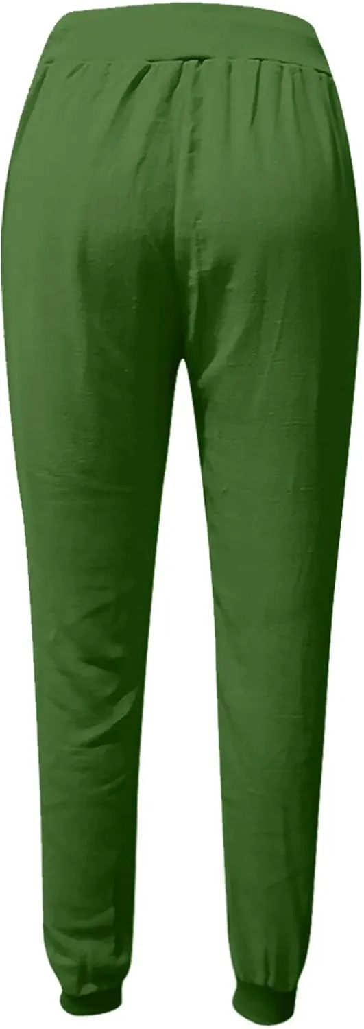 Drawstring Cotton Linen Pants for Women Elastic High Waist Plue Size Lounge Trousers Relaxed Fit Stretch Casual Tapered Pants