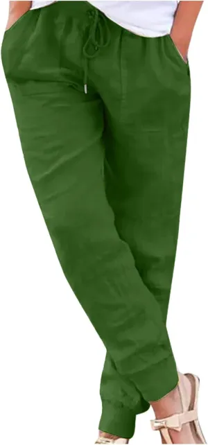 Drawstring Cotton Linen Pants for Women Elastic High Waist Plue Size Lounge Trousers Relaxed Fit Stretch Casual Tapered Pants