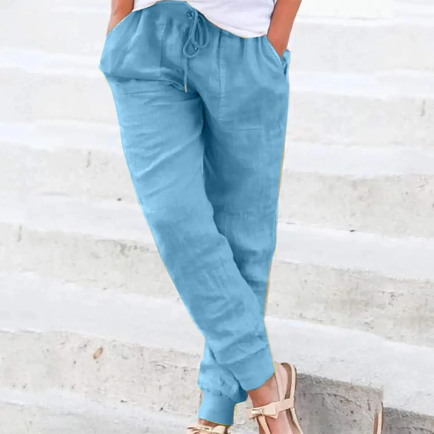 Drawstring Cotton Linen Pants for Women Elastic High Waist Plue Size Lounge Trousers Relaxed Fit Stretch Casual Tapered Pants