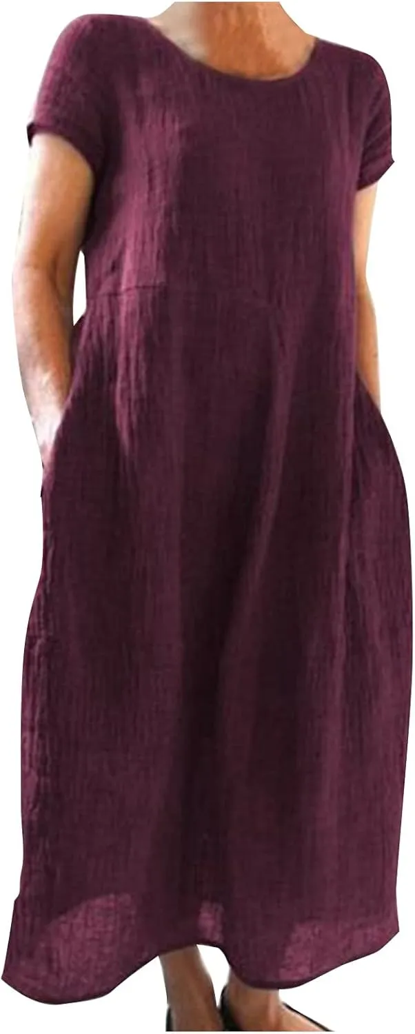 Dresses for Women 2025 Summer Cotton Linen Solid Gauze Dress Loose Casual Beach Vacation Flowy Midi Dress with Pockets