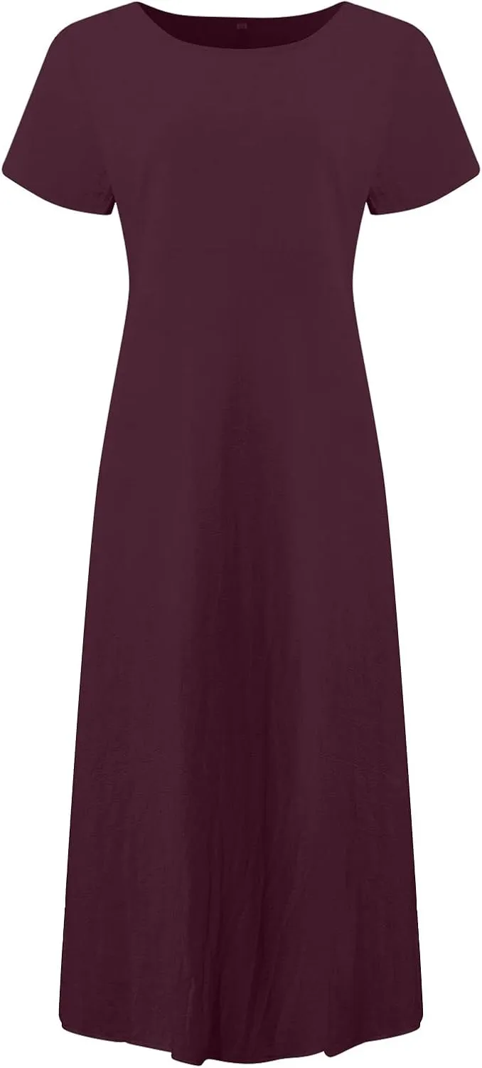 Dresses for Women 2025 Summer Cotton Linen Solid Gauze Dress Loose Casual Beach Vacation Flowy Midi Dress with Pockets