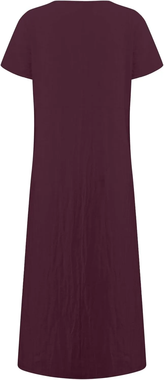 Dresses for Women 2025 Summer Cotton Linen Solid Gauze Dress Loose Casual Beach Vacation Flowy Midi Dress with Pockets