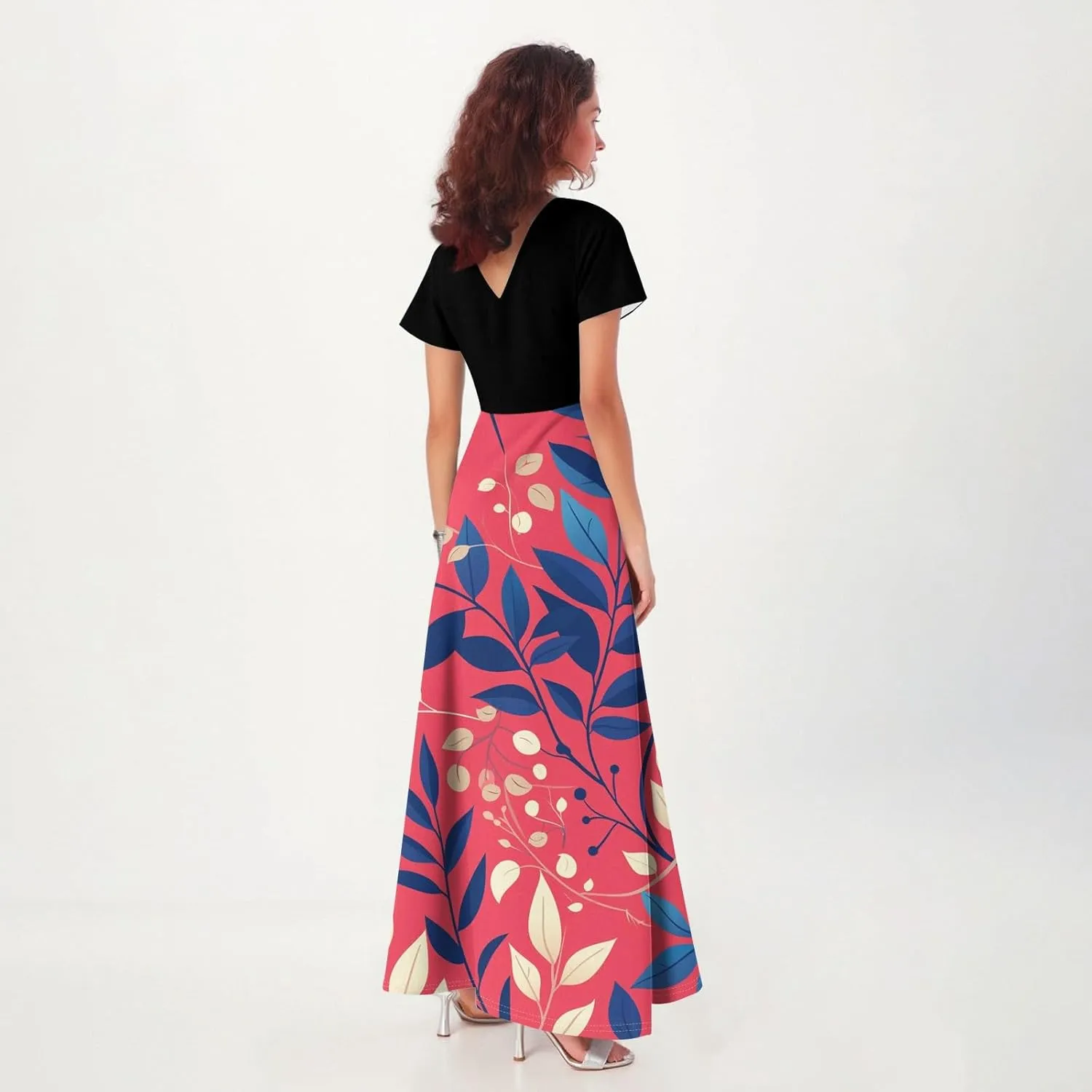 Dresses for Women 2025 Wedding Guest,Women's Loose Casual V-Neck Short Sleeved High Waisted Print Chiffon Dress