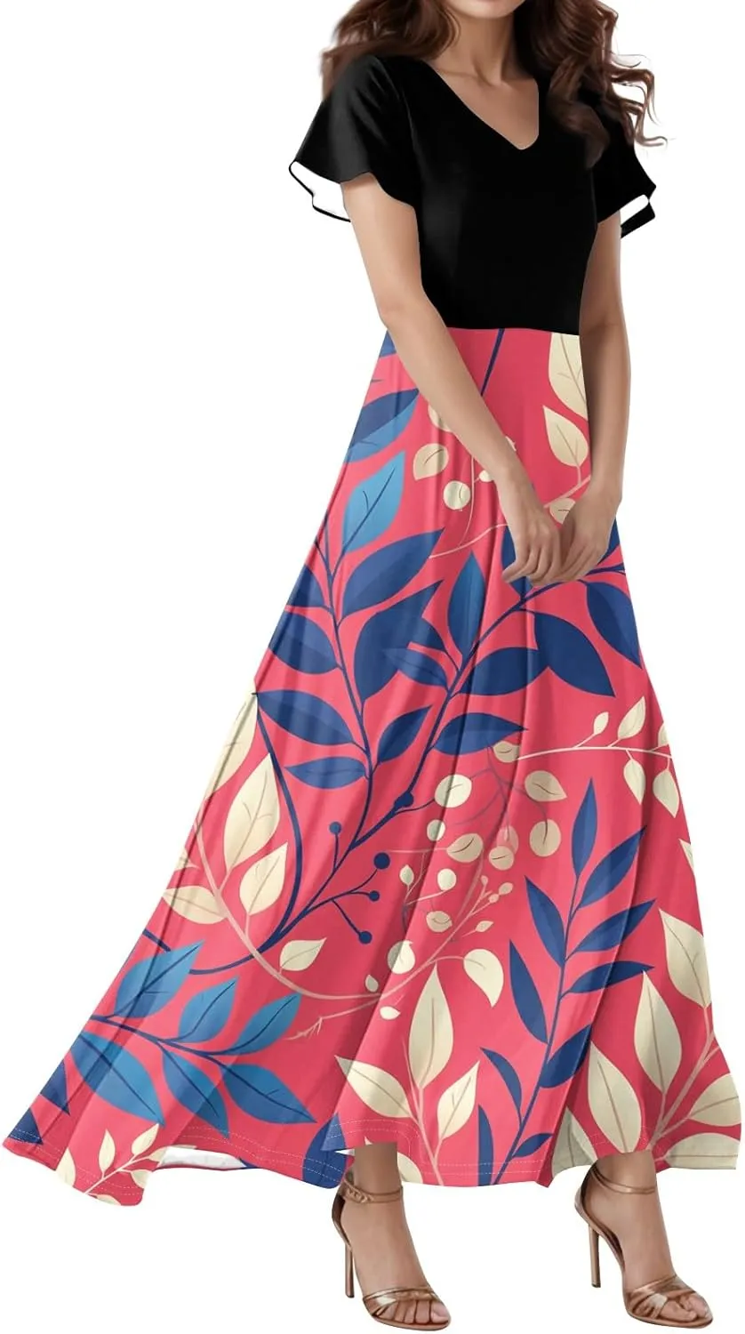 Dresses for Women 2025 Wedding Guest,Women's Loose Casual V-Neck Short Sleeved High Waisted Print Chiffon Dress