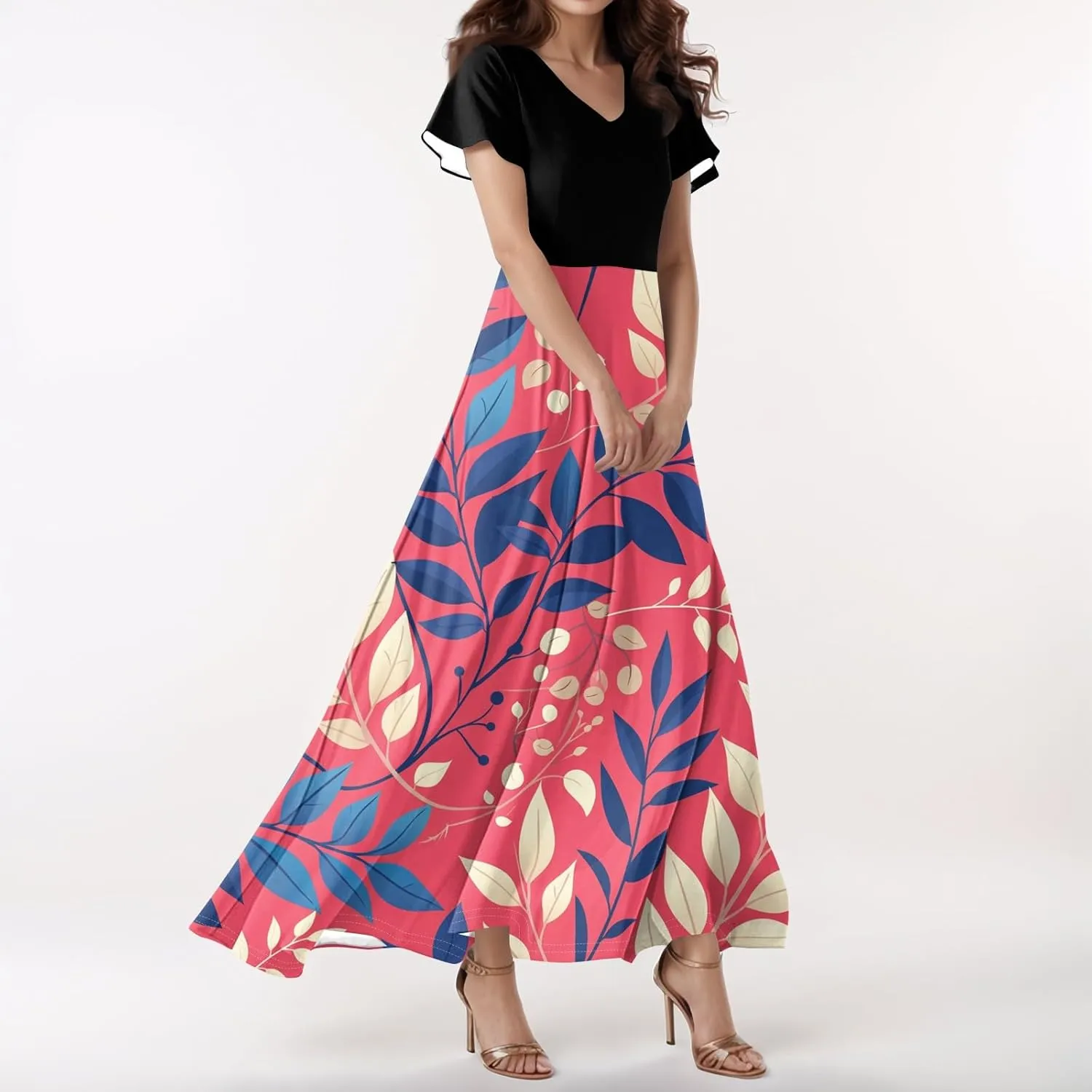 Dresses for Women 2025 Wedding Guest,Women's Loose Casual V-Neck Short Sleeved High Waisted Print Chiffon Dress