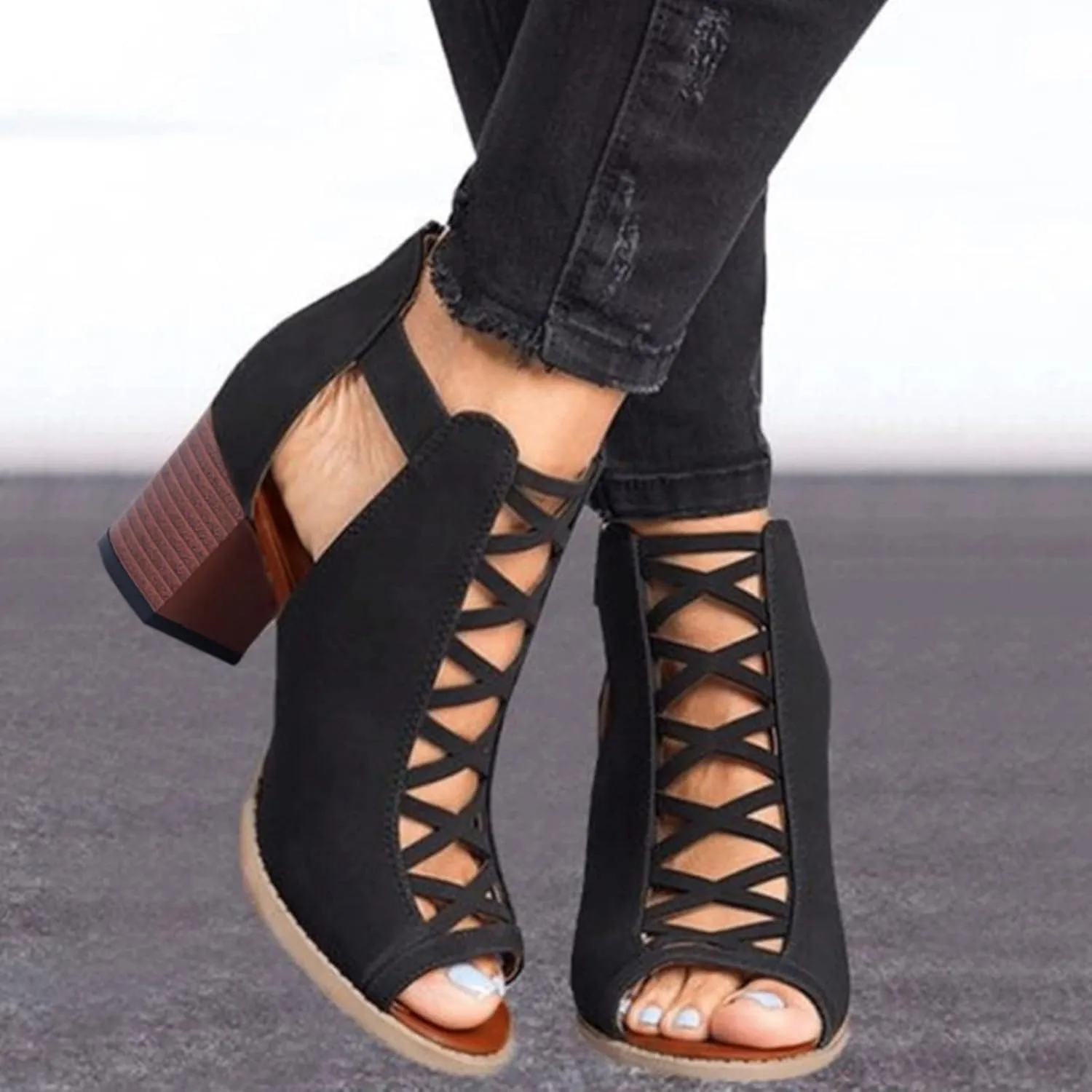 Eduavar Shoes for Women Sandals Dressy, Orthopedic Sandals for Women Cutout Sandals Chunky Heel Sandals with Ankle Strap