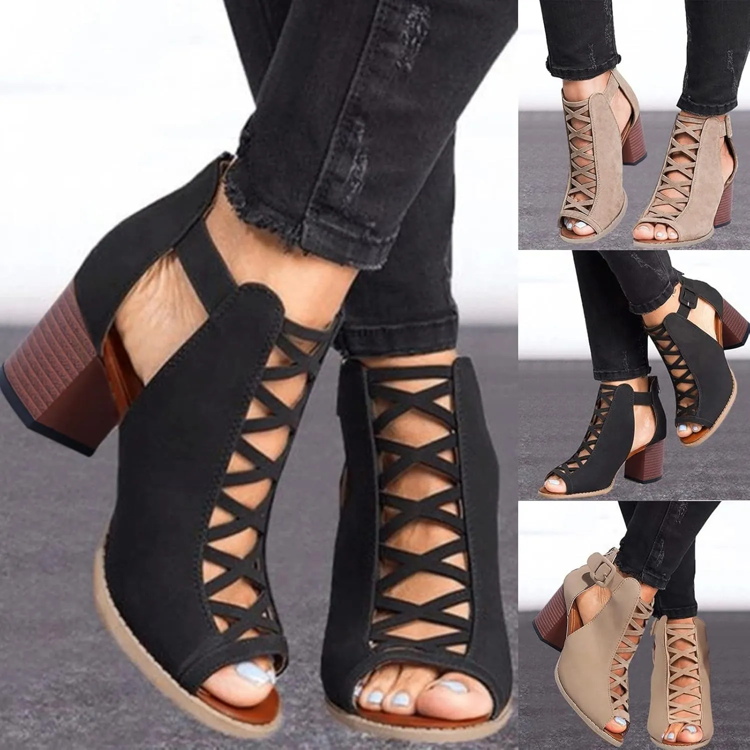 Eduavar Shoes for Women Sandals Dressy, Orthopedic Sandals for Women Cutout Sandals Chunky Heel Sandals with Ankle Strap